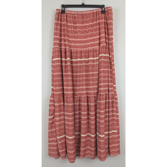 Lularoe sz L Poppy Tiered Maxi Skirt redish pink stripes lined 0534 - Picture 1 of 6